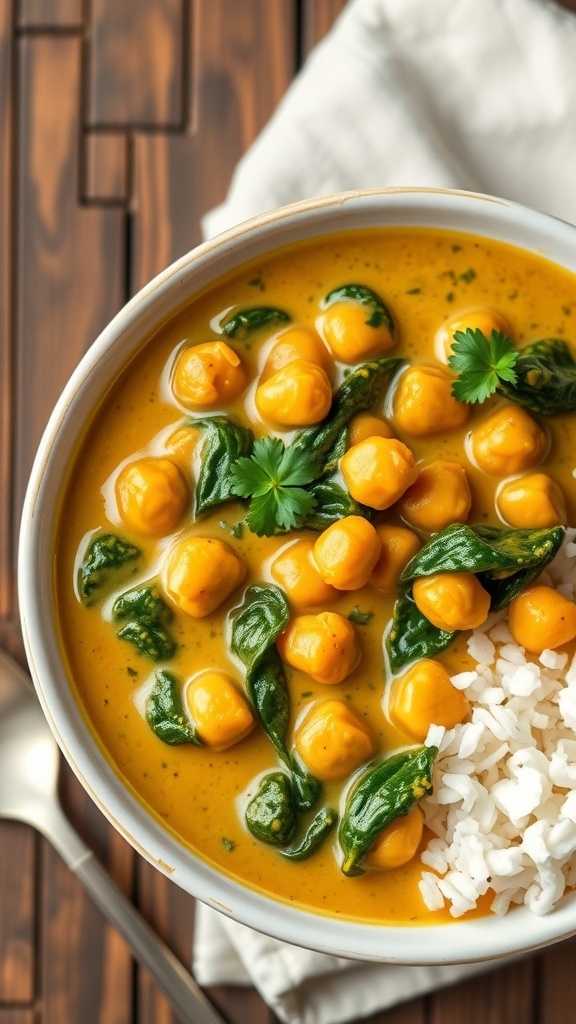 A bowl of creamy chickpea curry with spinach, garnished with cilantro, served with rice on a rustic table.